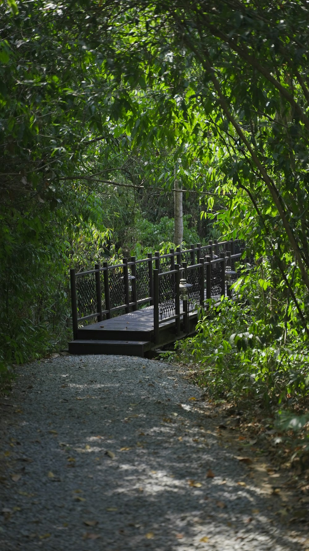a wooden bridge over a gravel road surrounded by trees