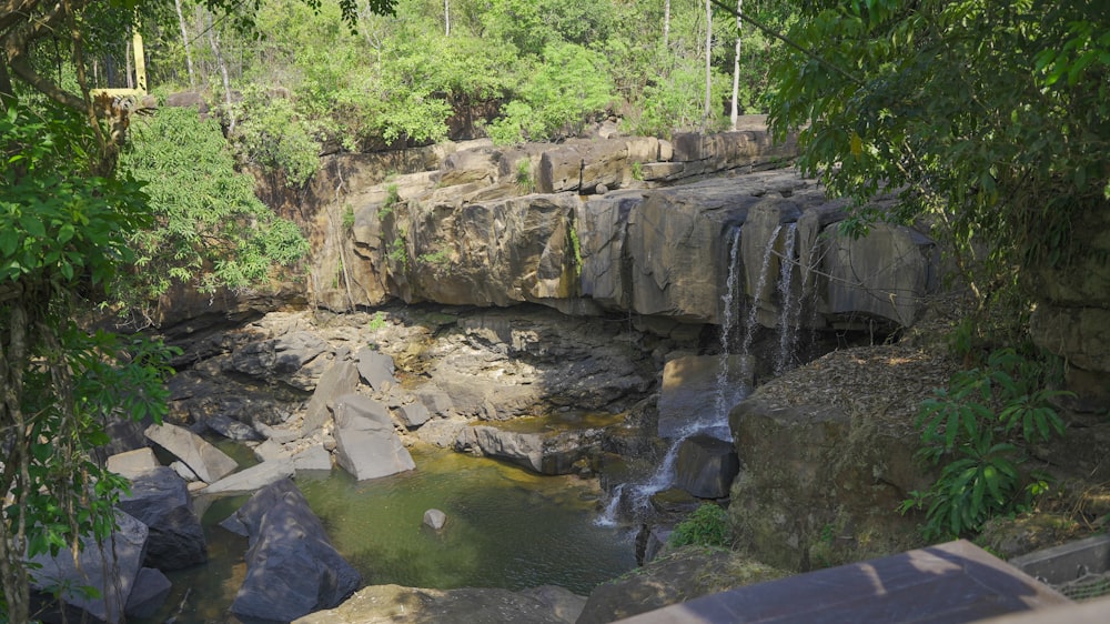 a small waterfall in the middle of a forest