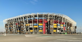 a large building with a lot of boxes in front of it