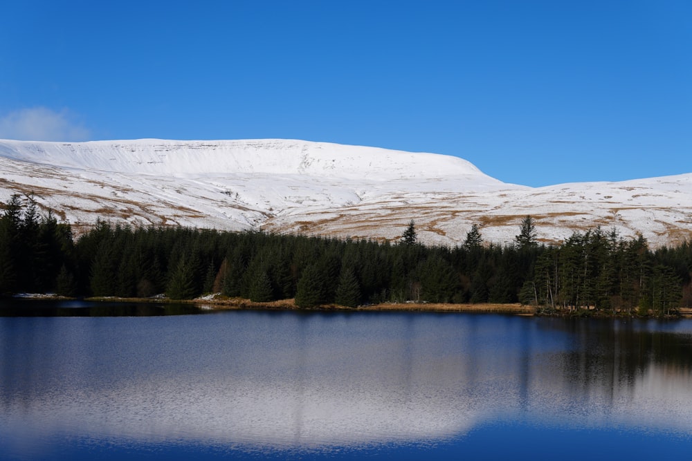 a lake surrounded by snow covered mountains and pine trees