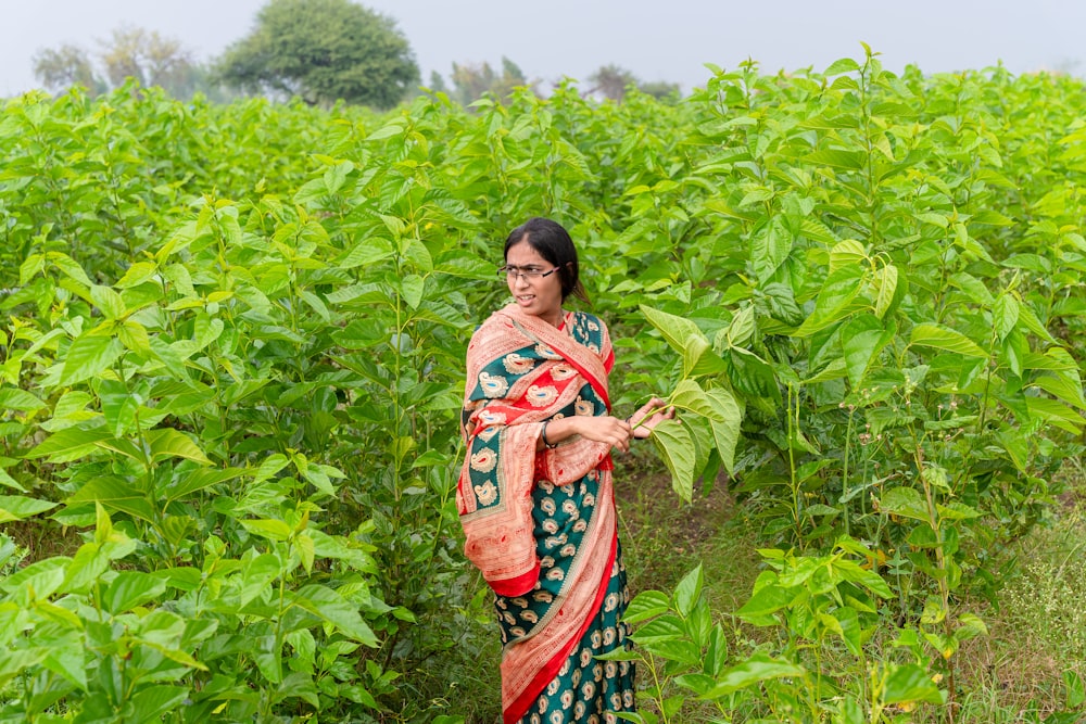 a woman standing in a field of green plants
