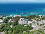 an aerial view of a town and the ocean