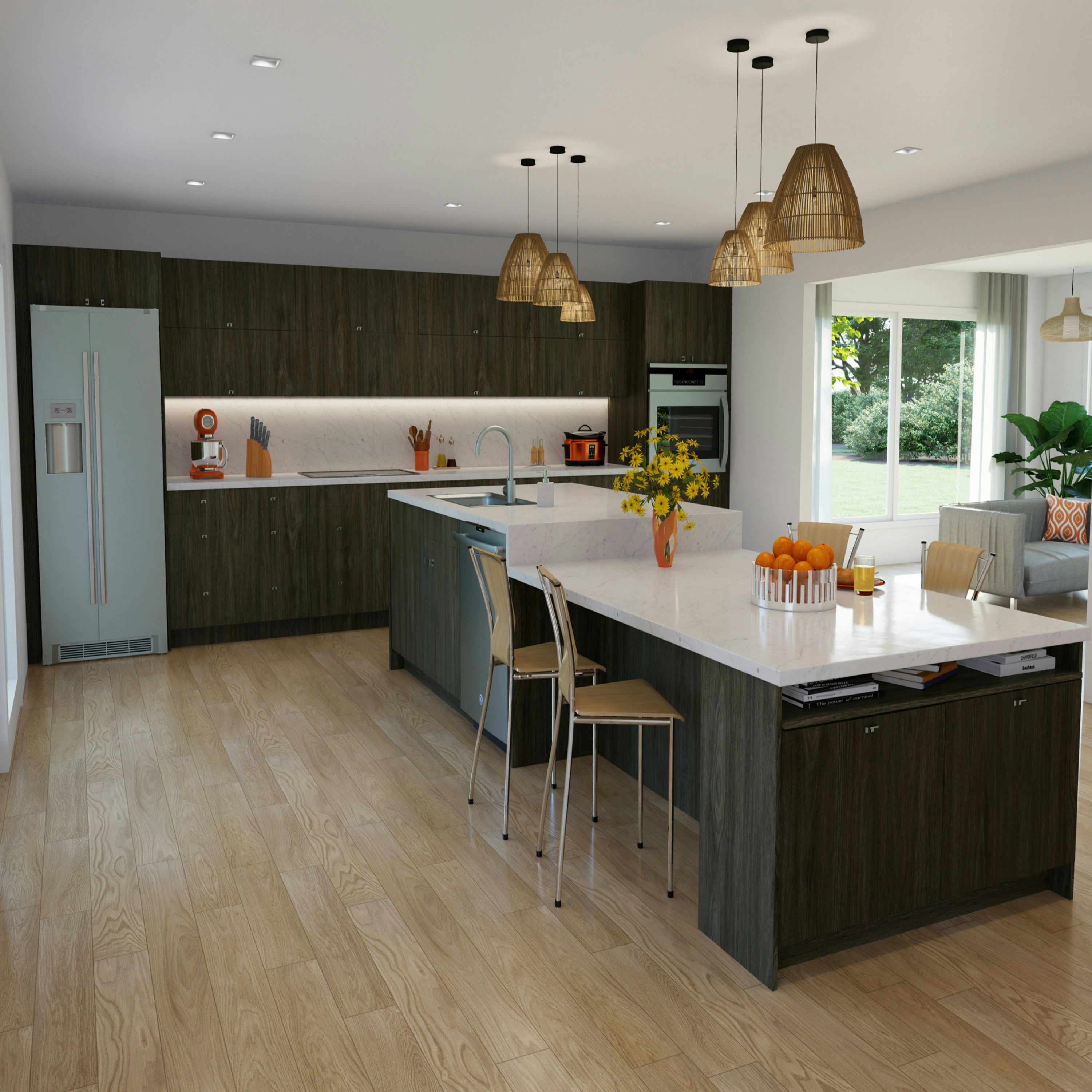 Modern kitchen with dark cabinetry and timber benchtop, bright natural lighting