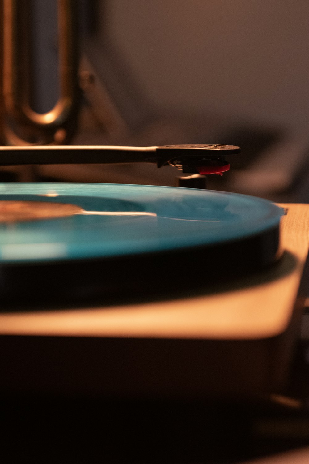 a close up of a record player on a table