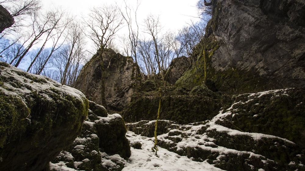 a rocky area with snow on the ground