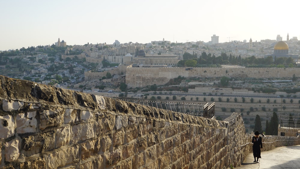 a man standing on a stone wall overlooking a city