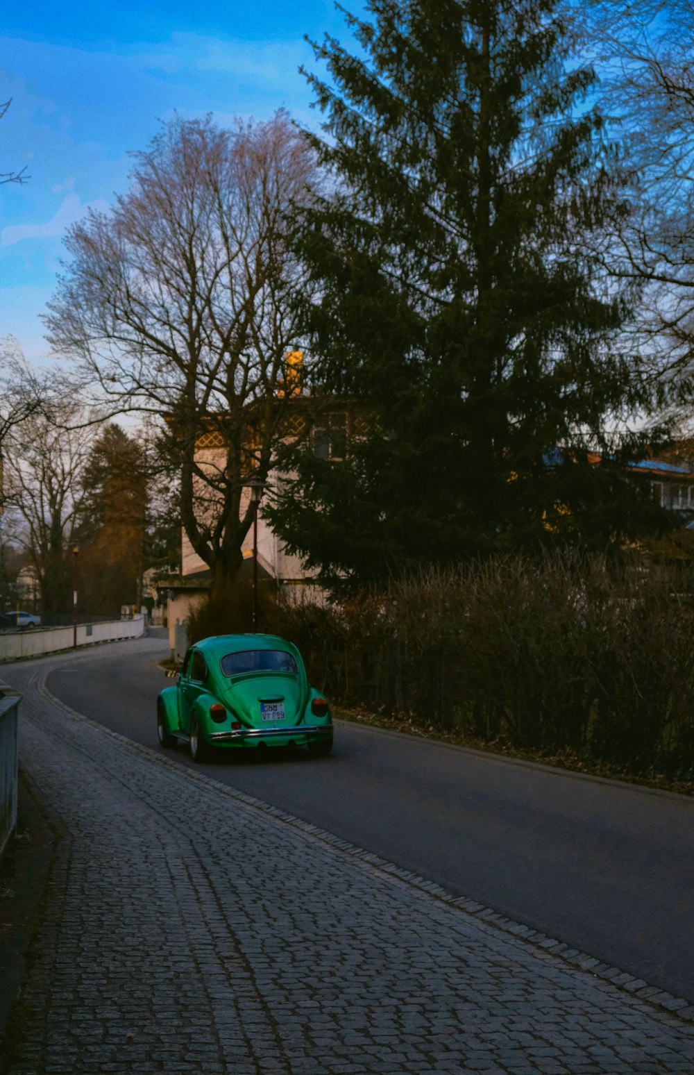 a green car driving down a street next to a tree