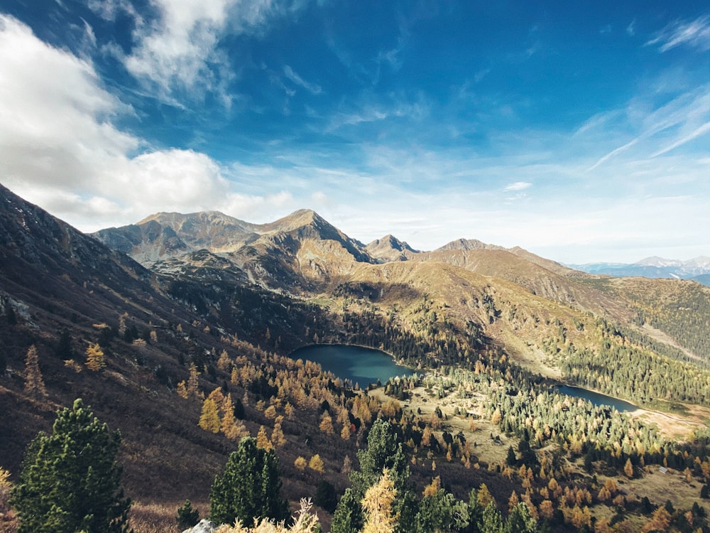 a view of a mountain range with a lake in the middle