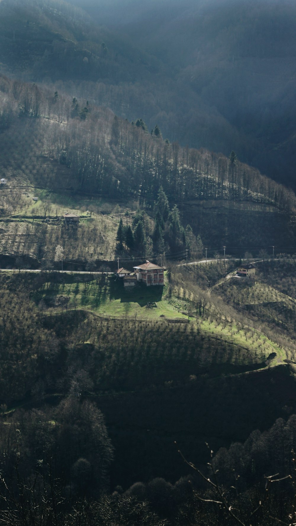 Blick auf einen saftig grünen Hügel mit einem Haus in der Ferne