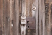 a close up of a door handle on a wooden door