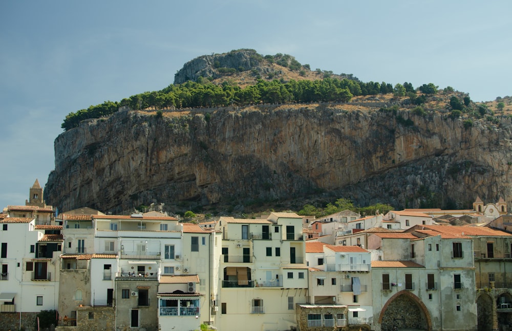 a city with a mountain in the background