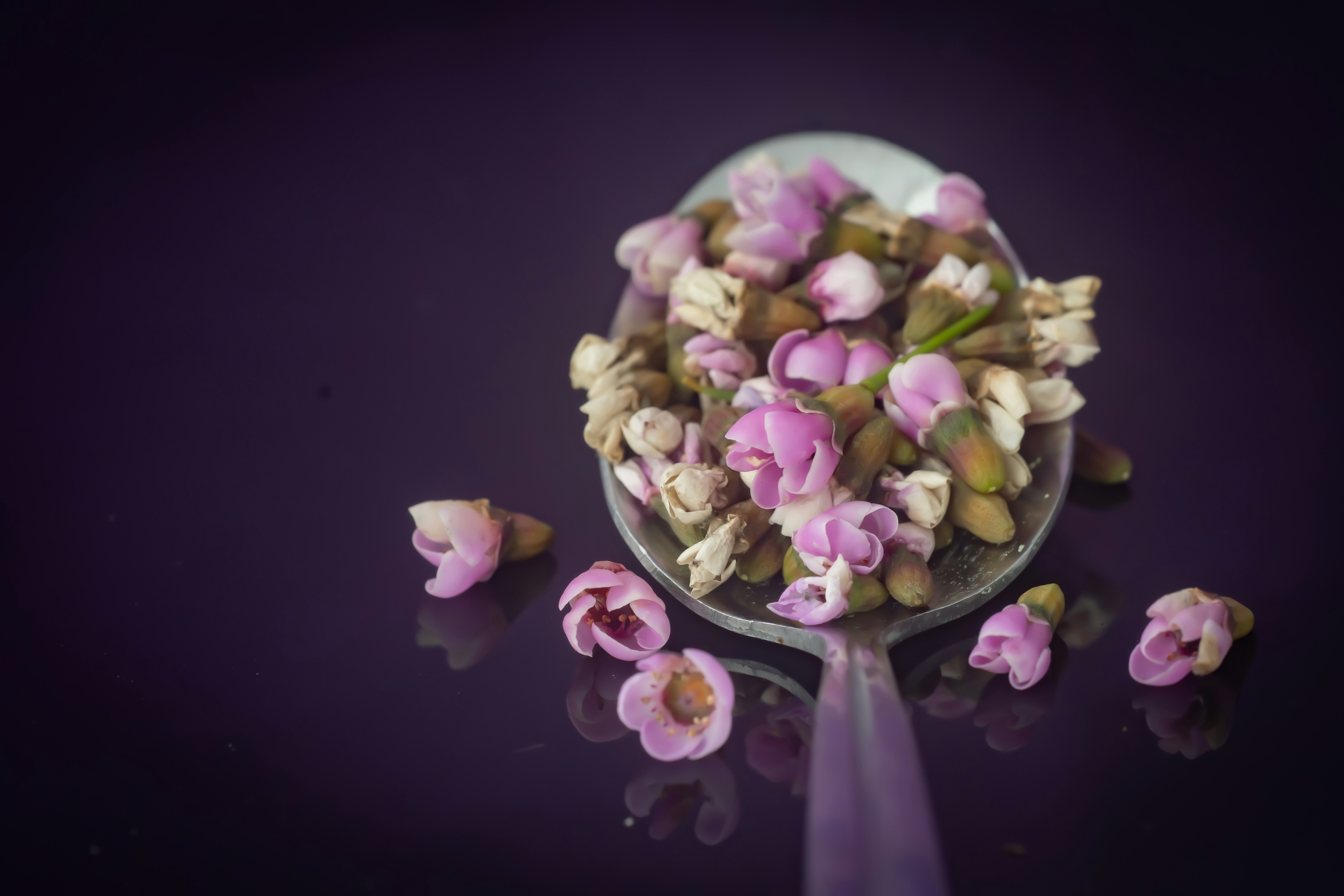 a spoon filled with pink flowers on top of a table