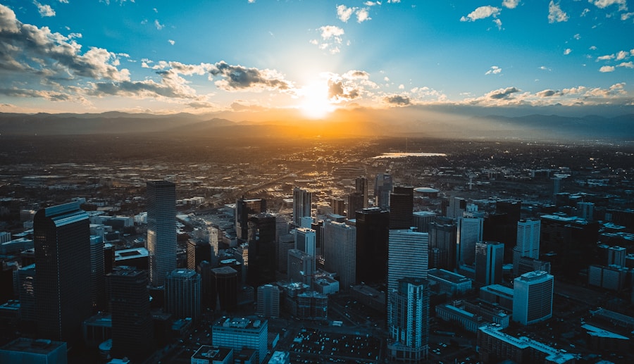 Denver Colorado skyline with Rocky Mountains