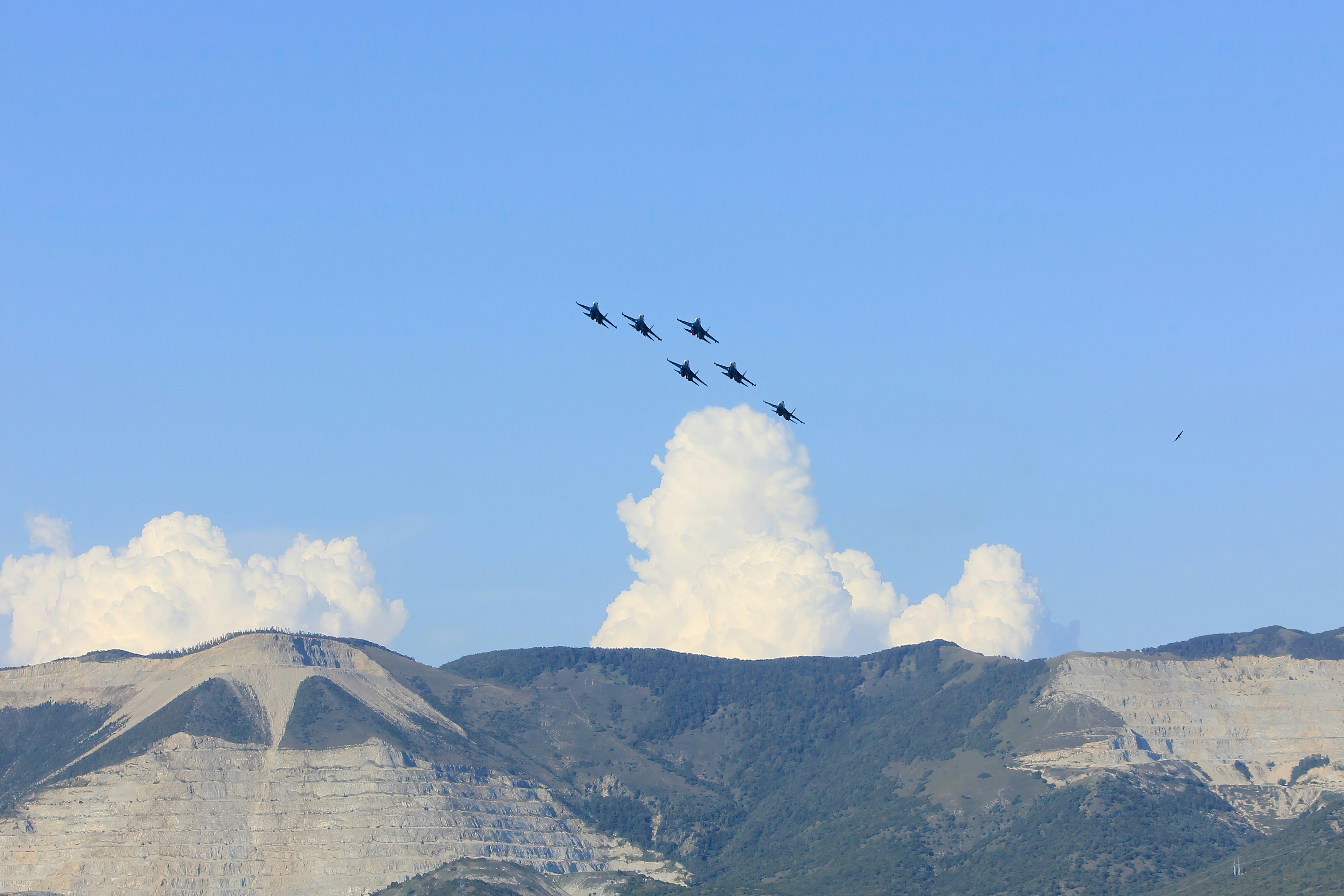 a flock of birds flying over a mountain range