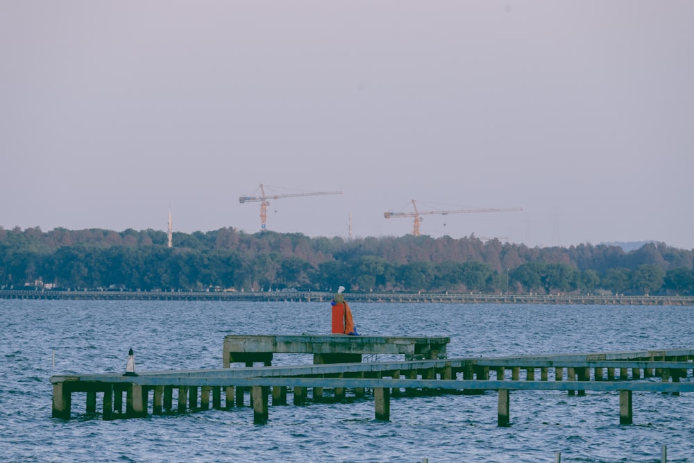 a person standing on a dock in the middle of a body of water