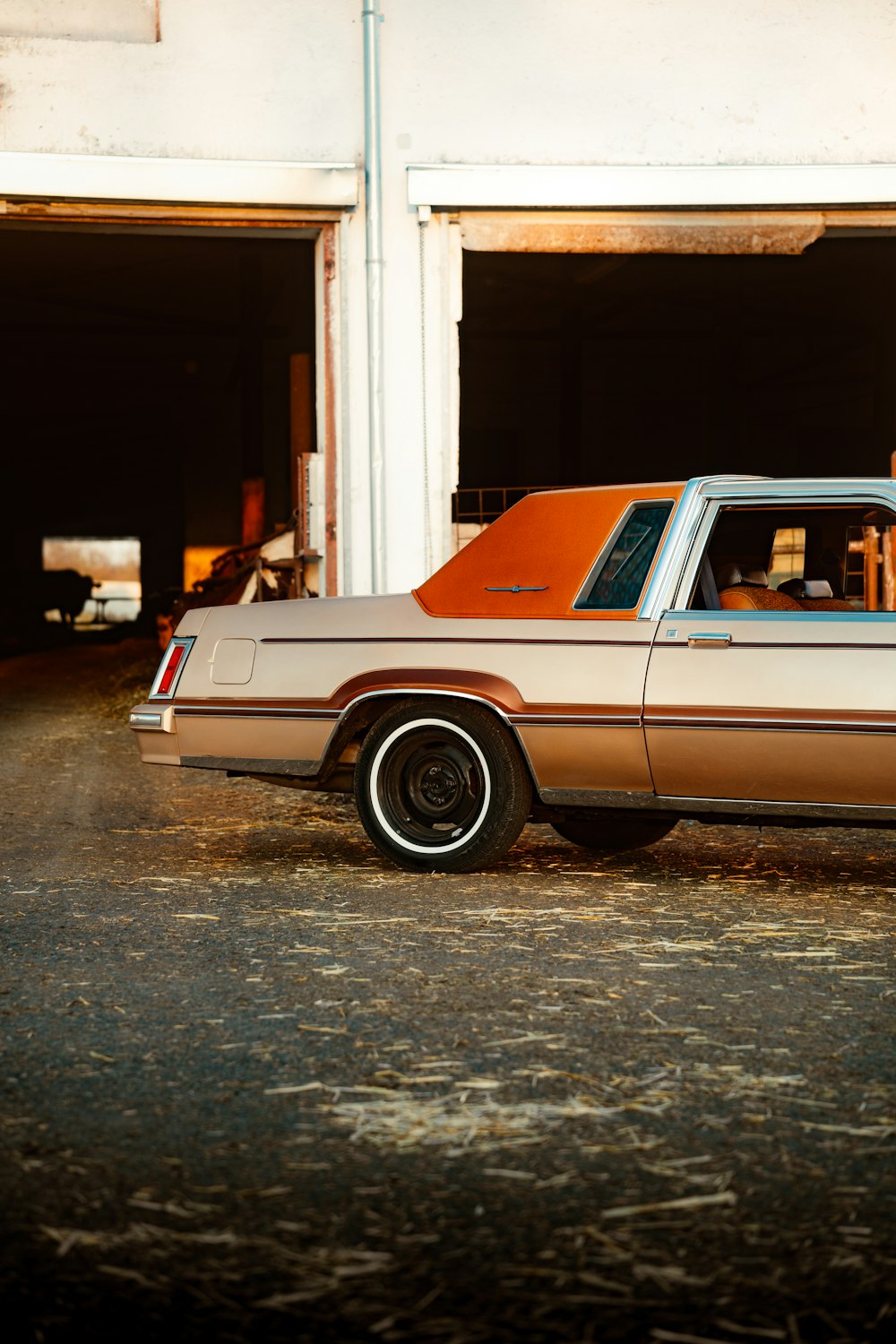 a brown and white car parked in front of a building