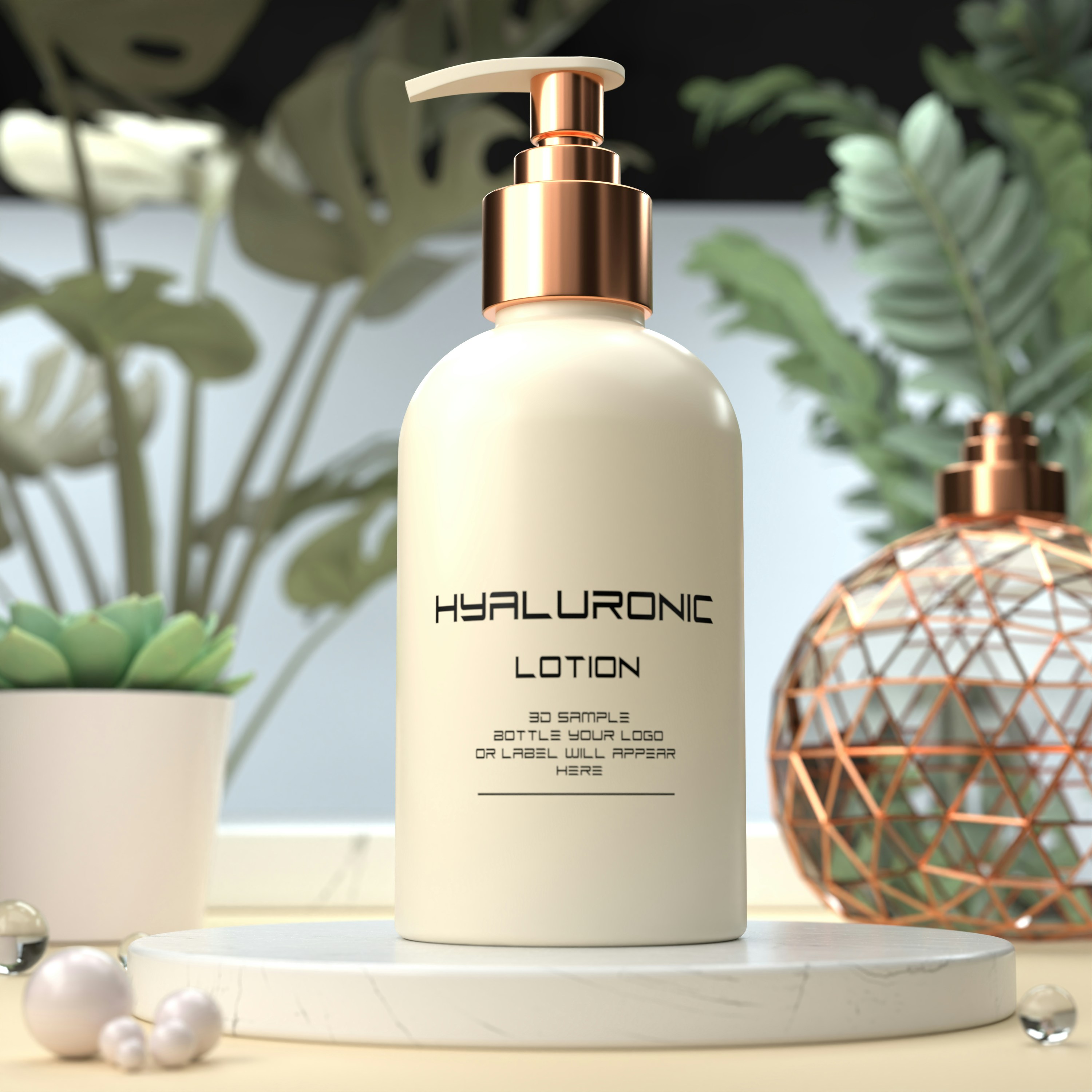 Foundation bottle with gold pump dispenser on cream marble background