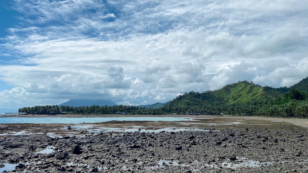 a sandy beach with a mountain in the background