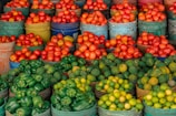 a bunch of baskets filled with lots of different fruits and vegetables