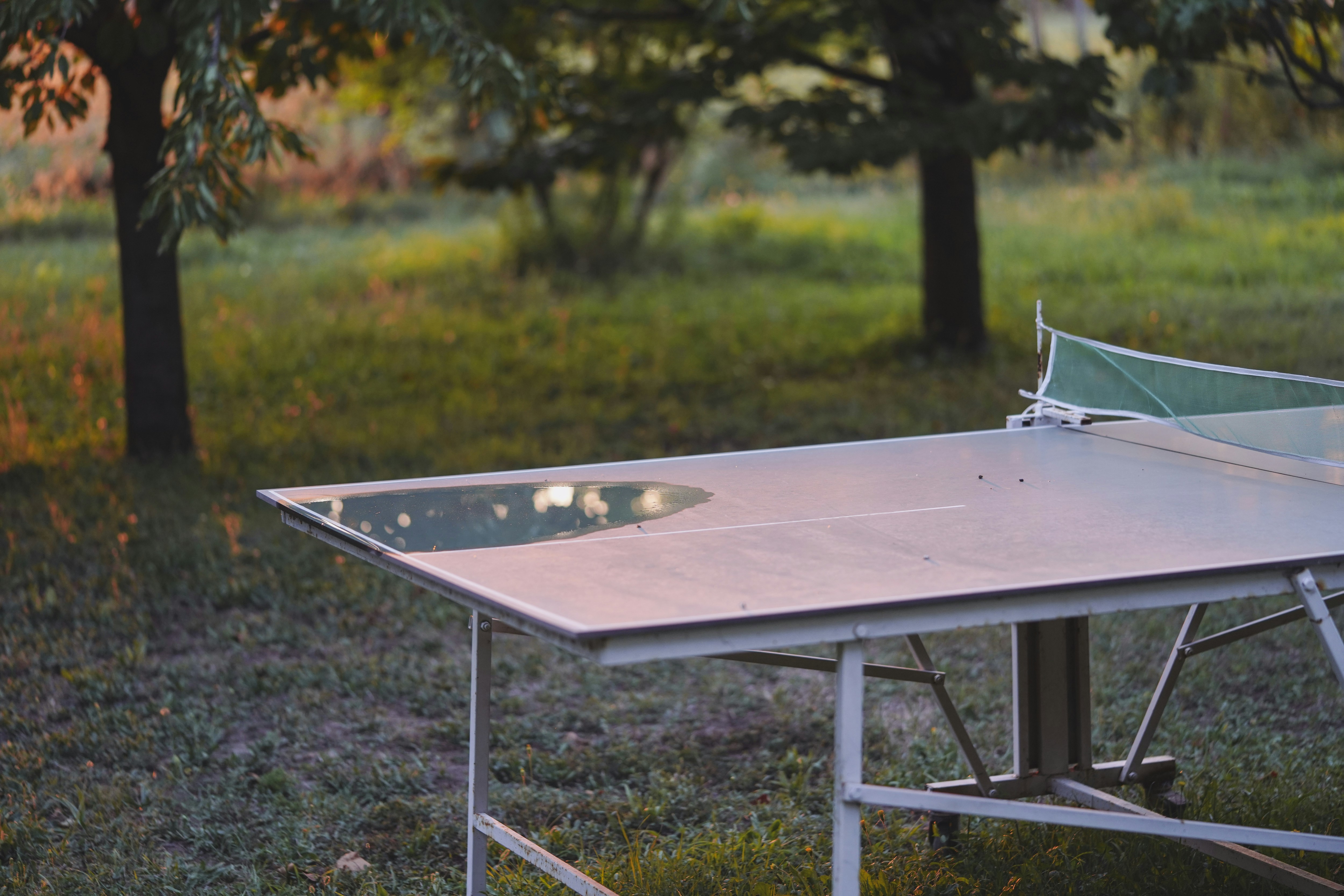 una mesa de ping pong en medio de un campo