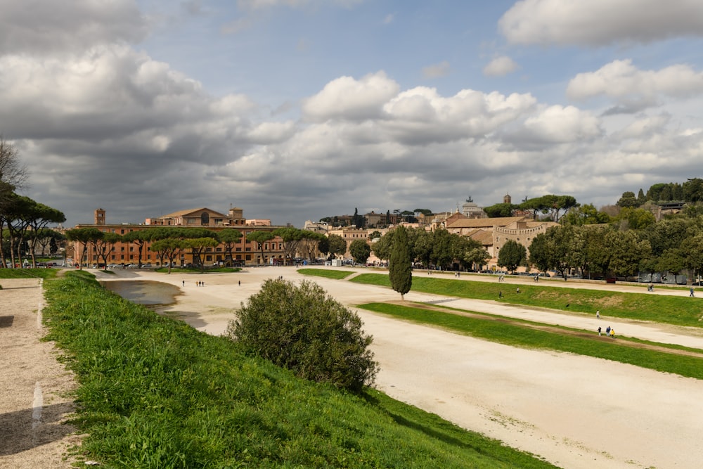 a view of a park with a river running through it