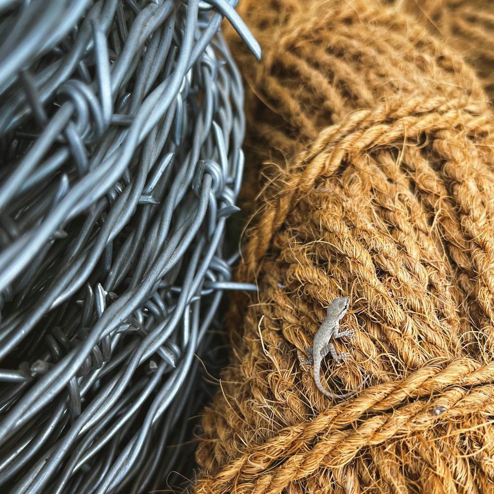 a close up of a ball of rope and a ball of barbed wire