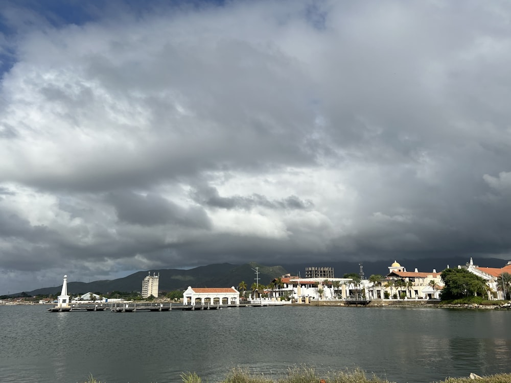 a large body of water with a bunch of buildings in the background