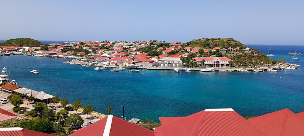 a view of a harbor with boats in the water