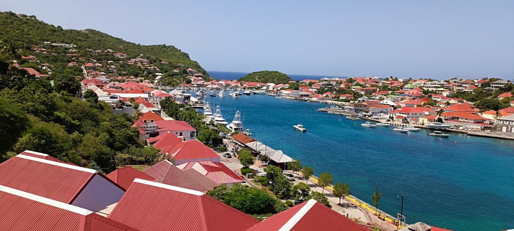 a view of a harbor with boats in the water