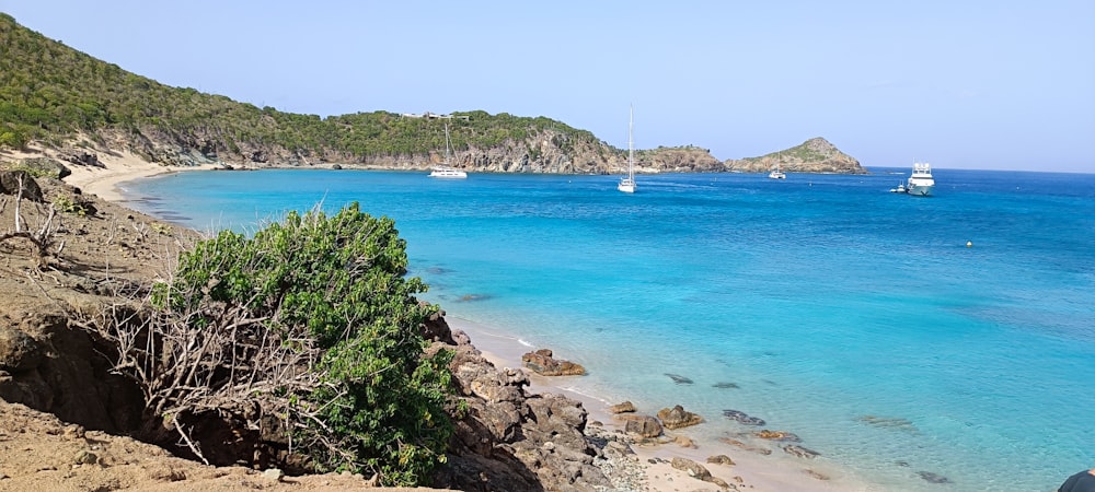 a view of a beach with boats in the water