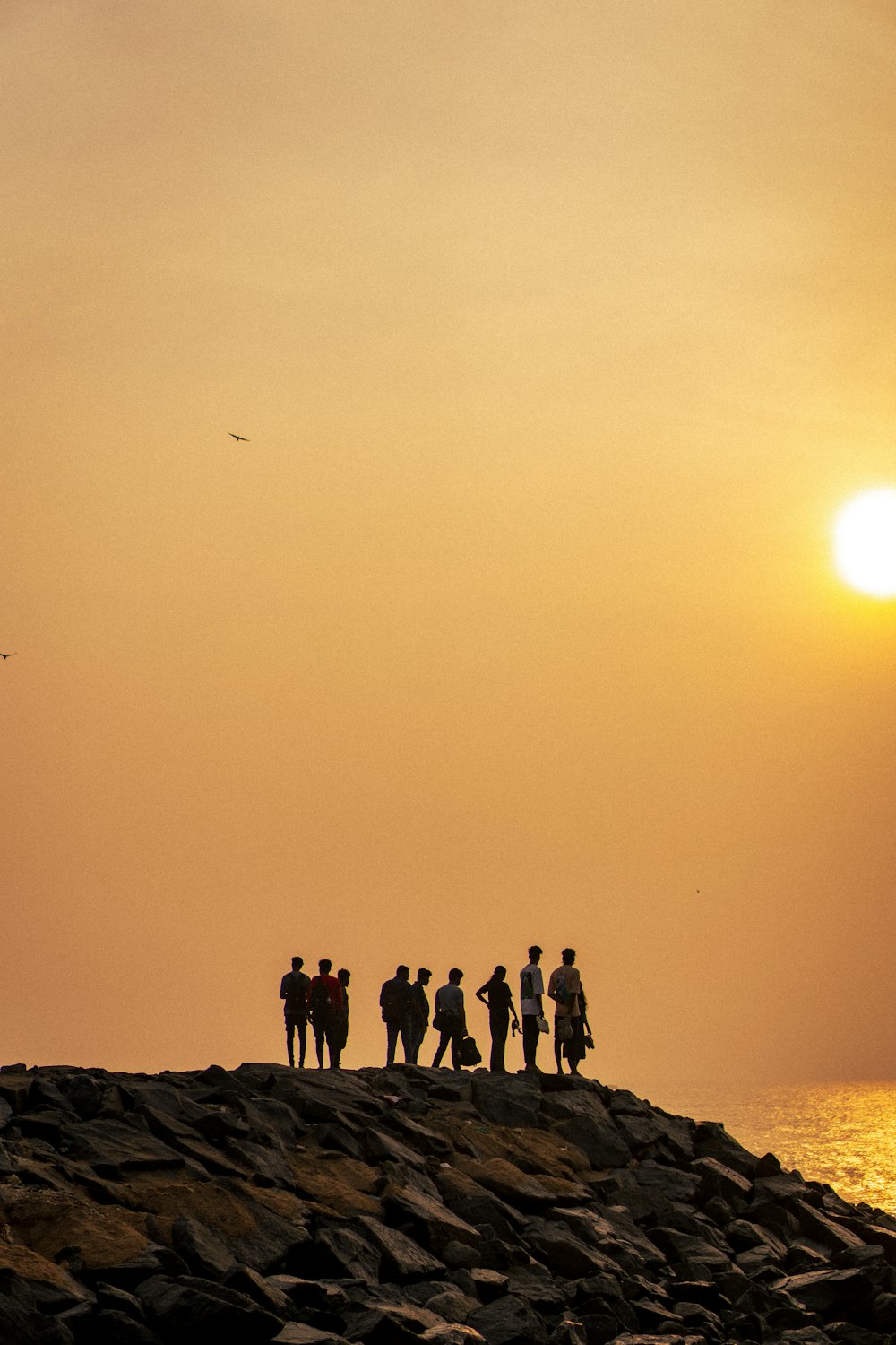 a group of people standing on top of a rocky beach