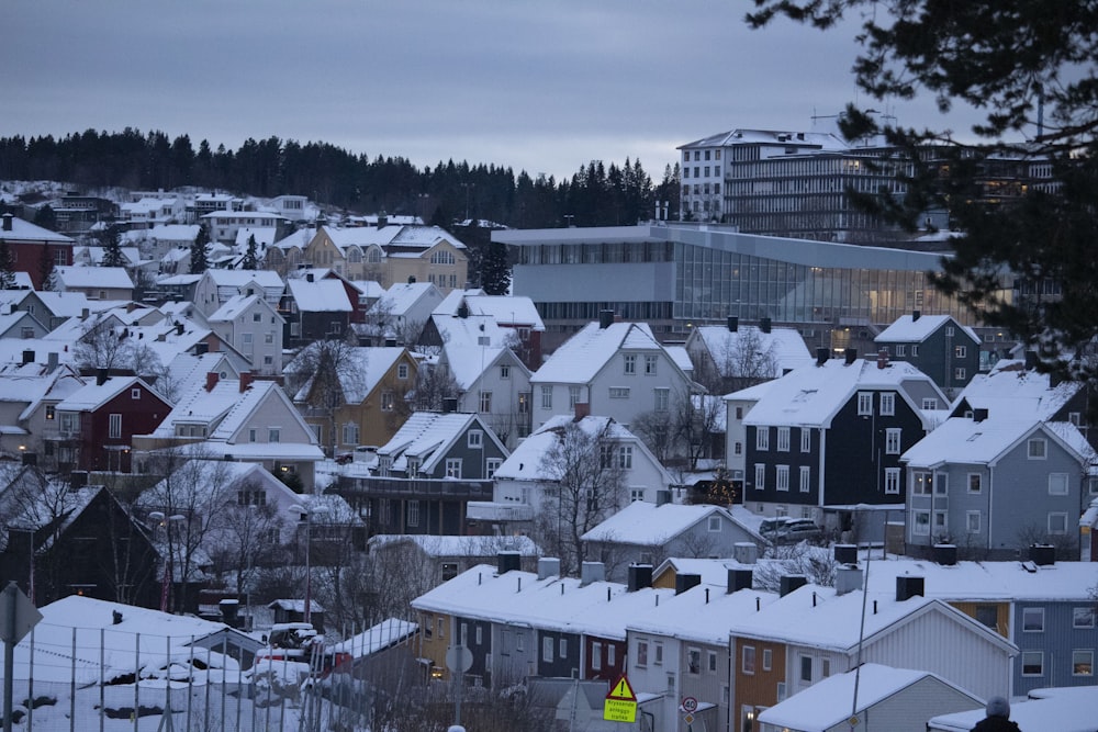 a city with lots of houses covered in snow