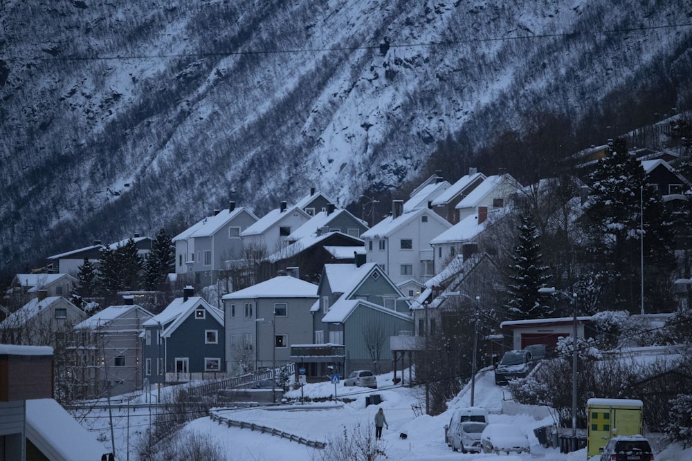 山を背景にした雪に覆われた町