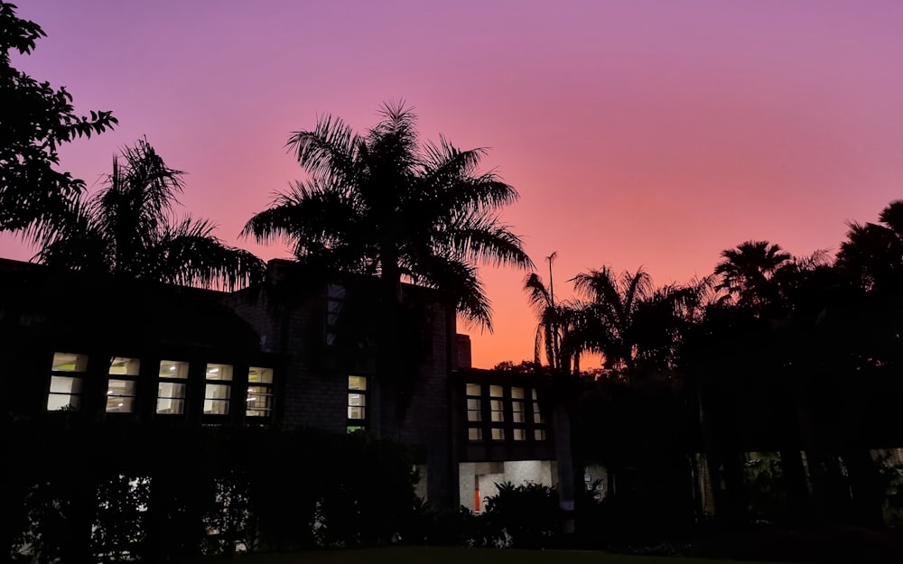 a building with palm trees in front of a purple sky