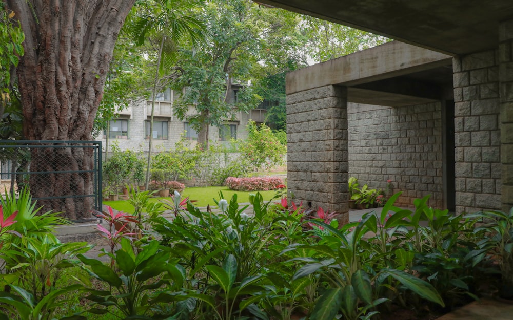 a view of a building through a fenced in area