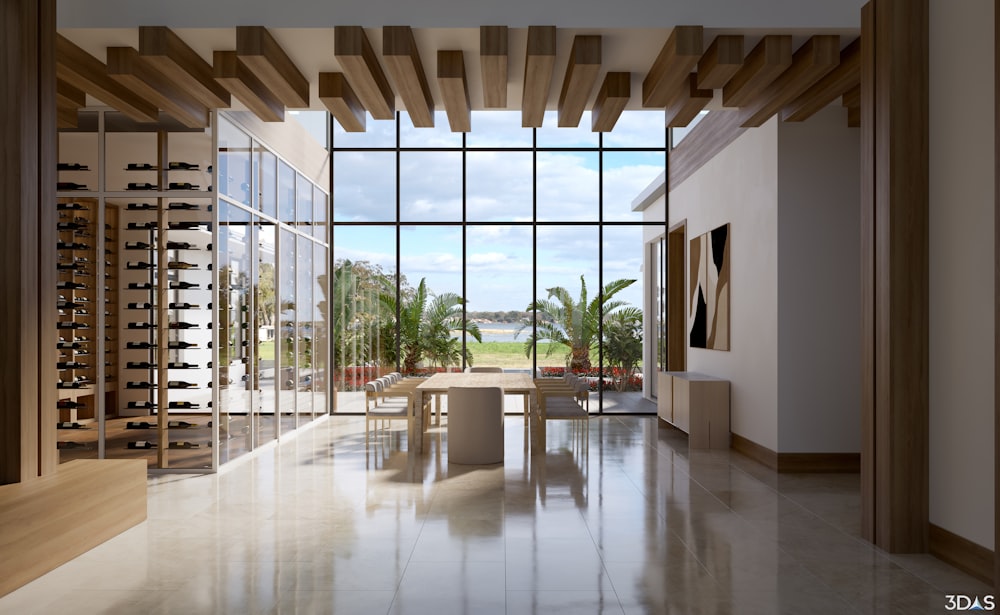 a room with a table and a wine rack