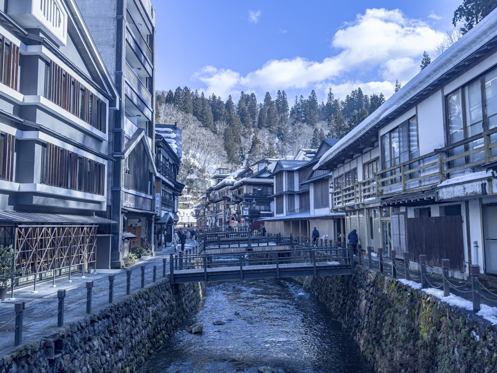 a river running through a small town surrounded by tall buildings