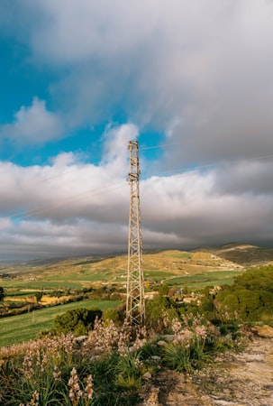 A telecom tower on a lush green hillside