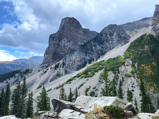A view of a mountain range with trees in the foreground — Banff & the Rockies, Canada