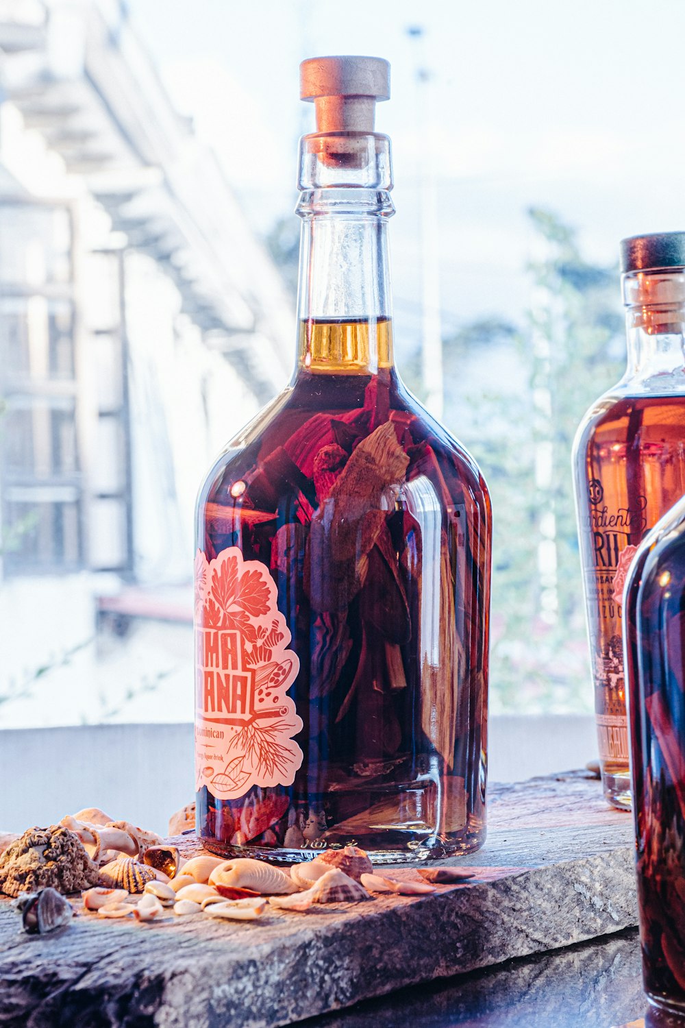 a couple of bottles of liquor sitting on top of a table