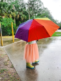 a little girl holding an umbrella in the rain