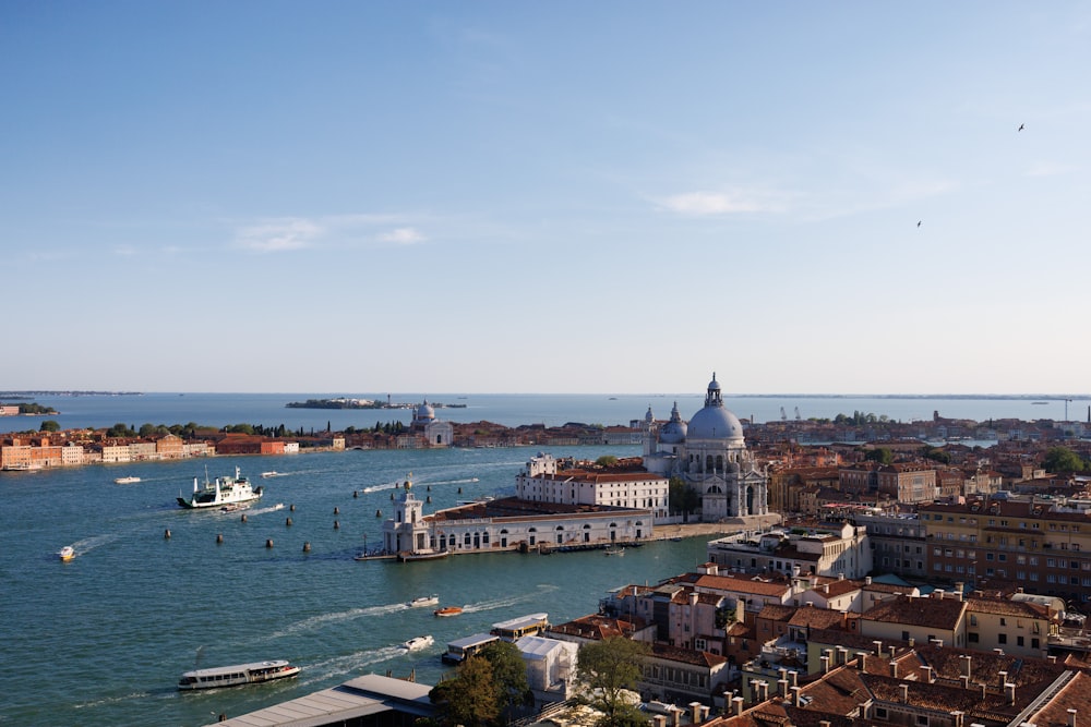 a large body of water surrounded by buildings