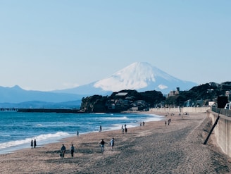 a group of people standing on top of a sandy beach