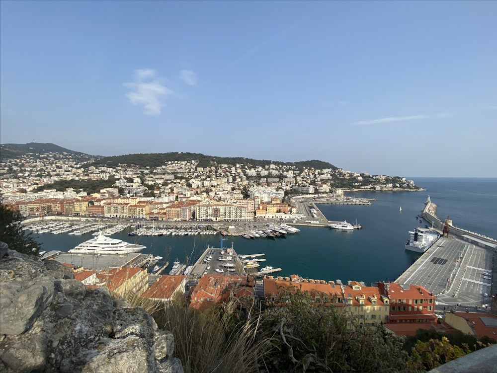 a view of a harbor with boats in the water