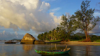 a green boat sitting on top of a body of water