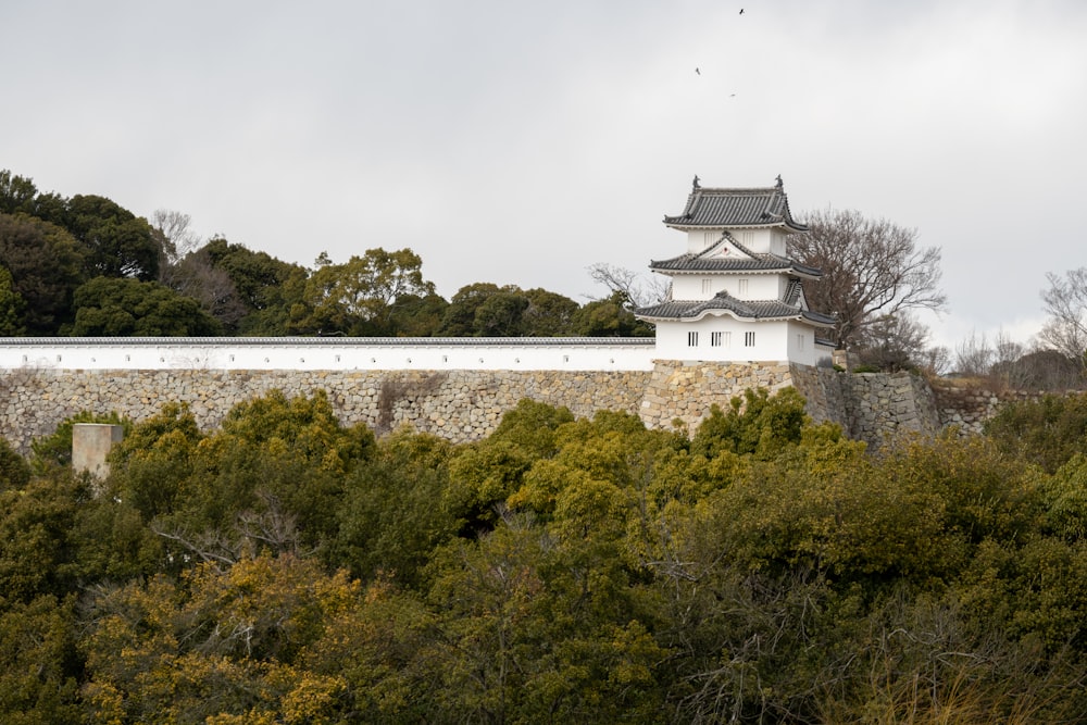 a tall white building sitting on top of a lush green hillside