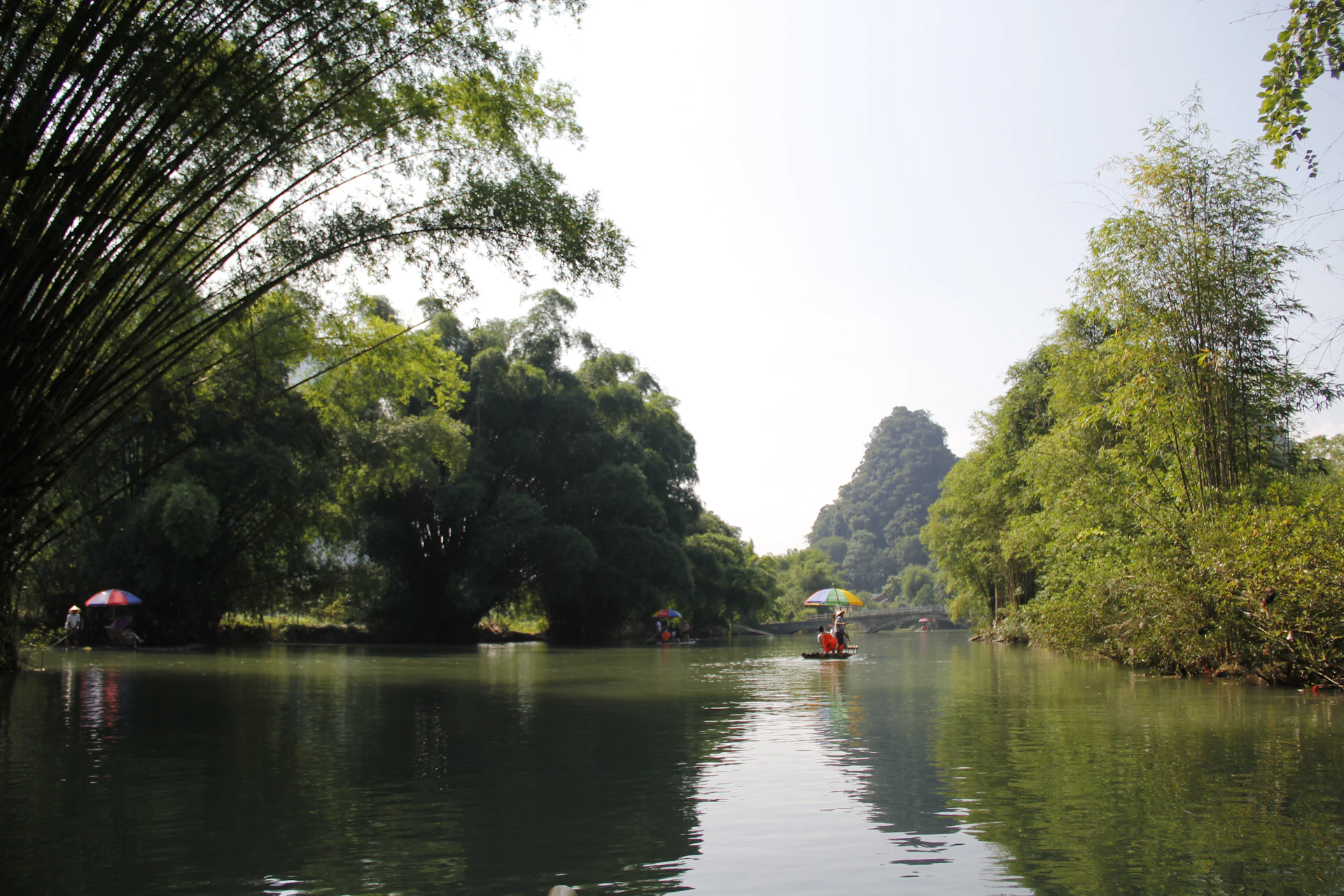 a body of water surrounded by trees and umbrellas