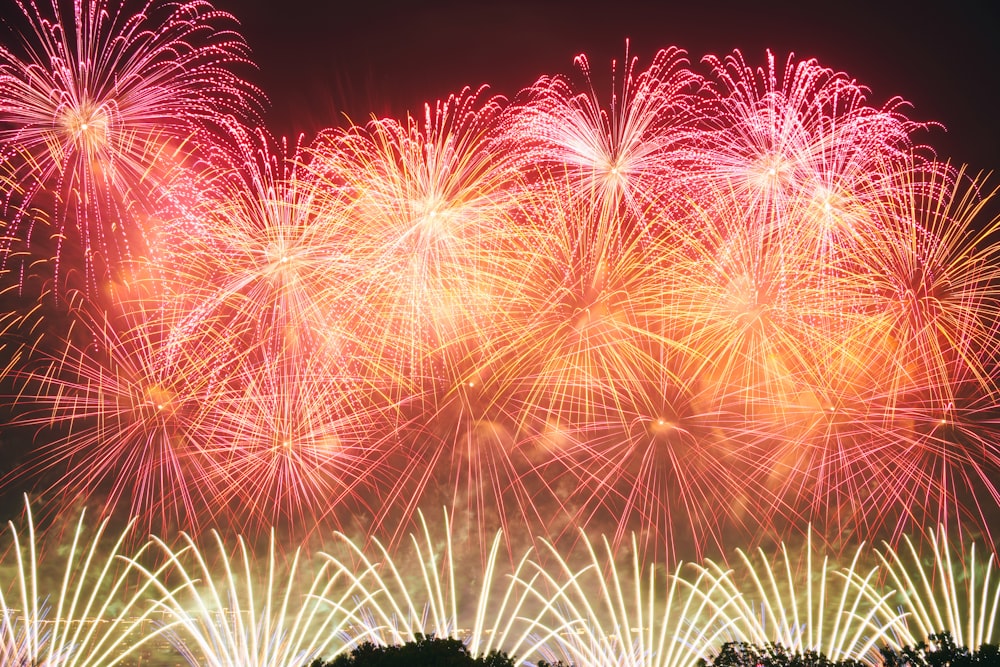 um monte de fogos de artifício que estão no céu