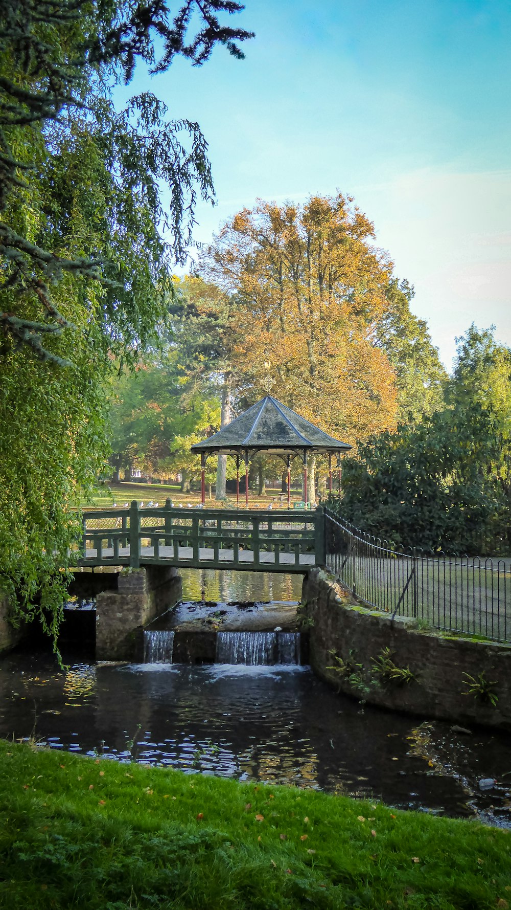 a small bridge over a small stream in a park