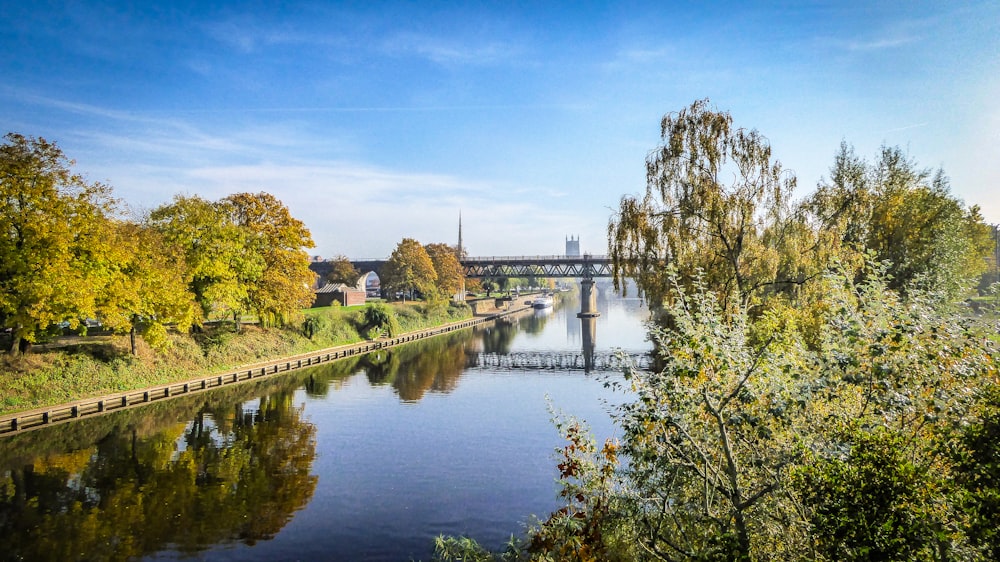 a view of a river with a bridge in the background